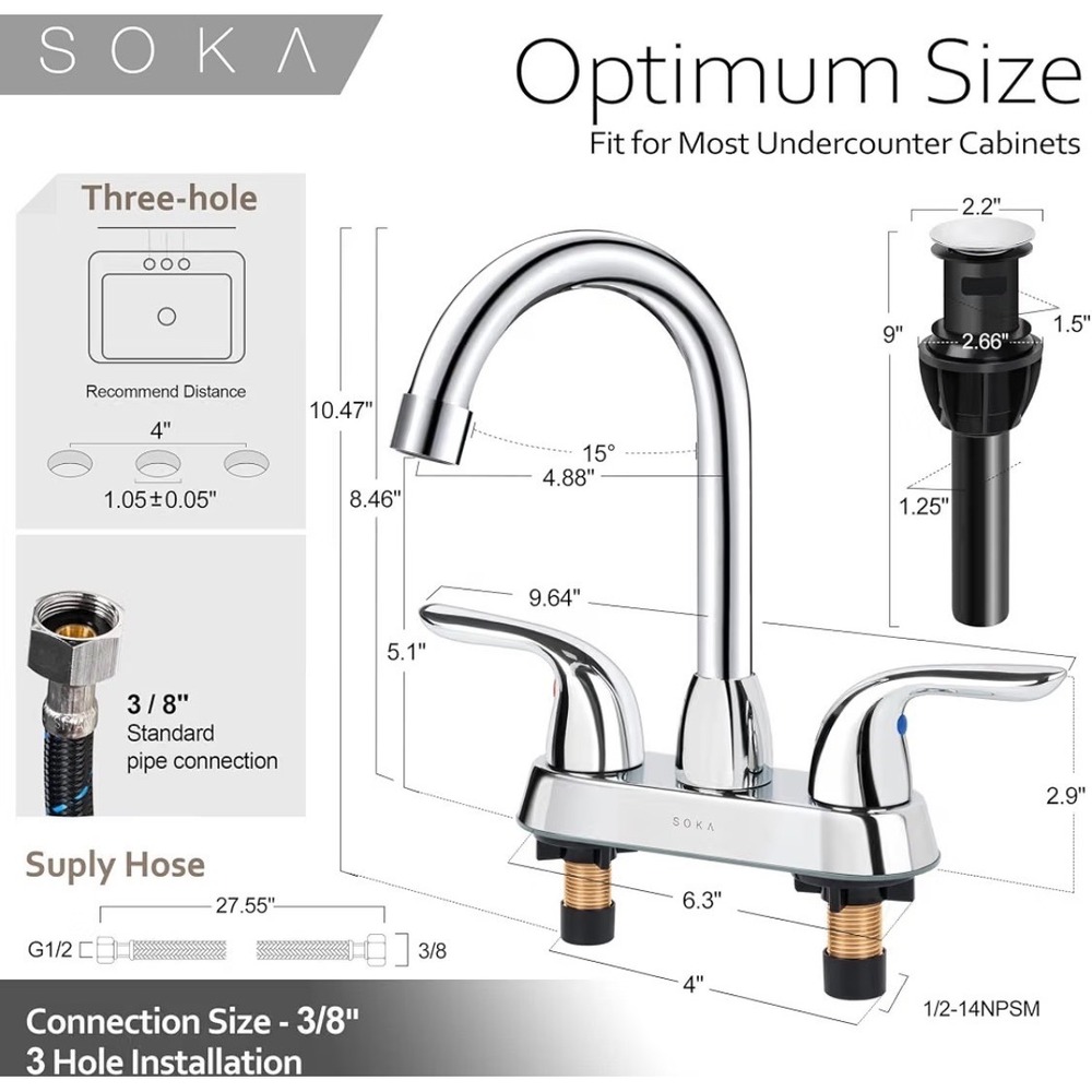 Soka Chrome Bathroom Sink Faucet Two Handle Goose Neck Assembly Brand New In Box - Picture 7 of 15